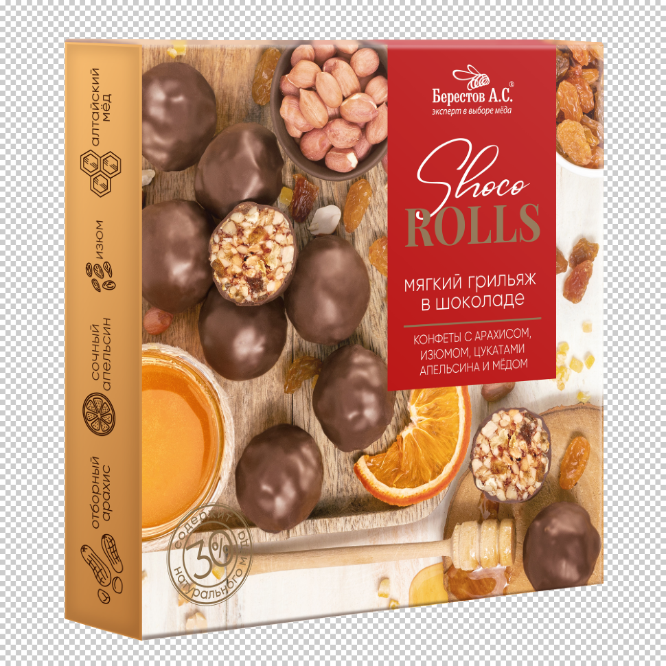  Берестов Shoco Rolls конфеты с арахисом, изюмом, цукатами апельсина и медом,  135г в Красноуфимске